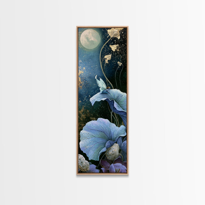 Tiny Fairy Resting on a Dew Covered Framed Canvas Print, Fairy Tale Art, Boho Decor, Living Room Decor, Fine Art, Storybook, FTA-1x3-91