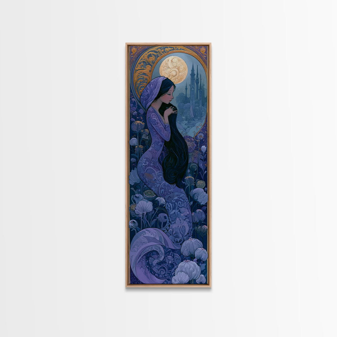Mermaid Combing Hair Beneath a Pearl Moon Canvas Print, Fairy Tale Art, Kids Room Decor, Living Room Decor, Storybook, FTA-1x3-96