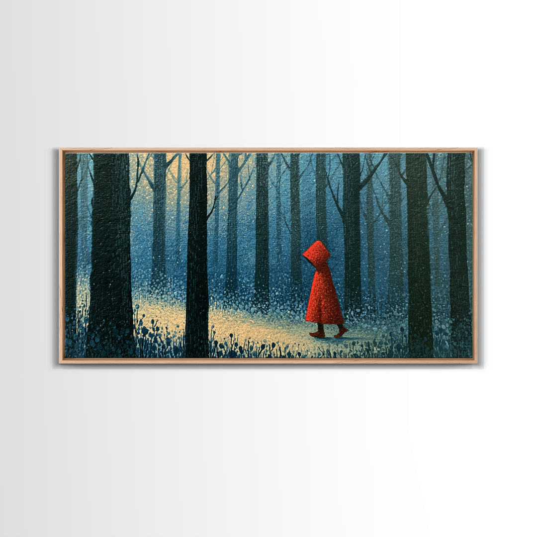 Red Cloak Figure Walking Through Dark Woods Framed Canvas Print, Fairy Tale Art, Dark Art, Living Room Decor, Storybook, FTA-2x1-100