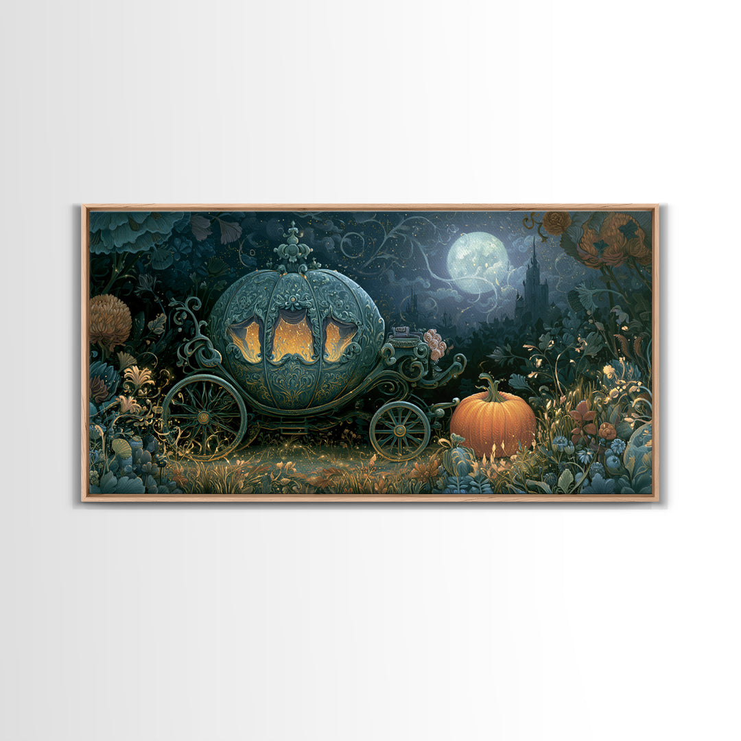 Pumpkin Carriage under Midnight Sky Framed Canvas Print, Fairy Tale Art, Room Decor, Living Room Decor, Fine Art, Storybook, FTA-2x1-12