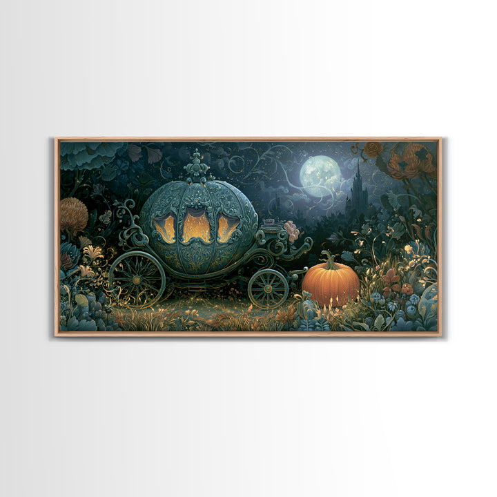 Pumpkin Carriage under Midnight Sky Framed Canvas Print, Fairy Tale Art, Room Decor, Living Room Decor, Fine Art, Storybook, FTA-2x1-12