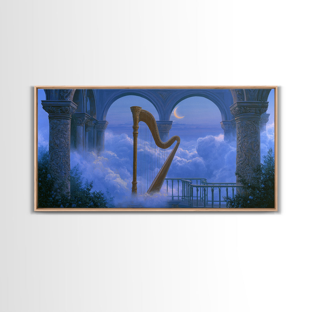 Golden Harp in a Cloud Kingdom Framed Canvas Print, Fairy Tale Art, Room Decor, Living Room Decor, Fine Art, Storybook, FTA-2x1-18