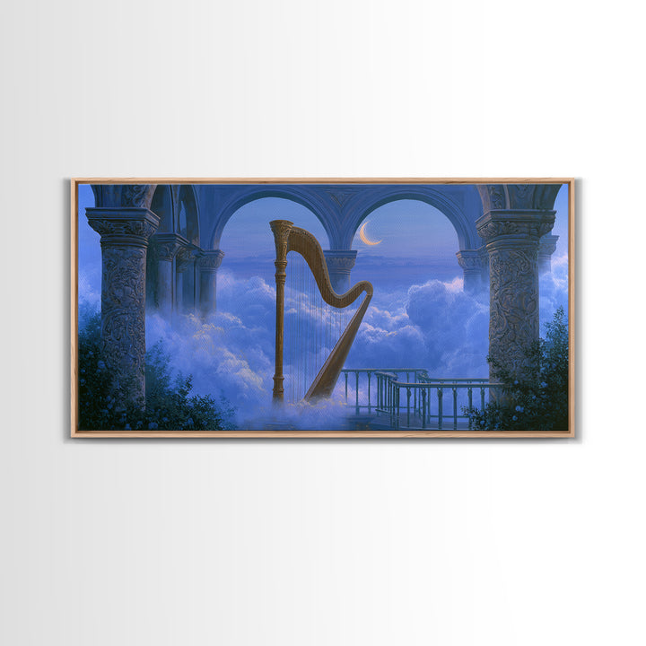 Golden Harp in a Cloud Kingdom Framed Canvas Print, Fairy Tale Art, Room Decor, Living Room Decor, Fine Art, Storybook, FTA-2x1-18