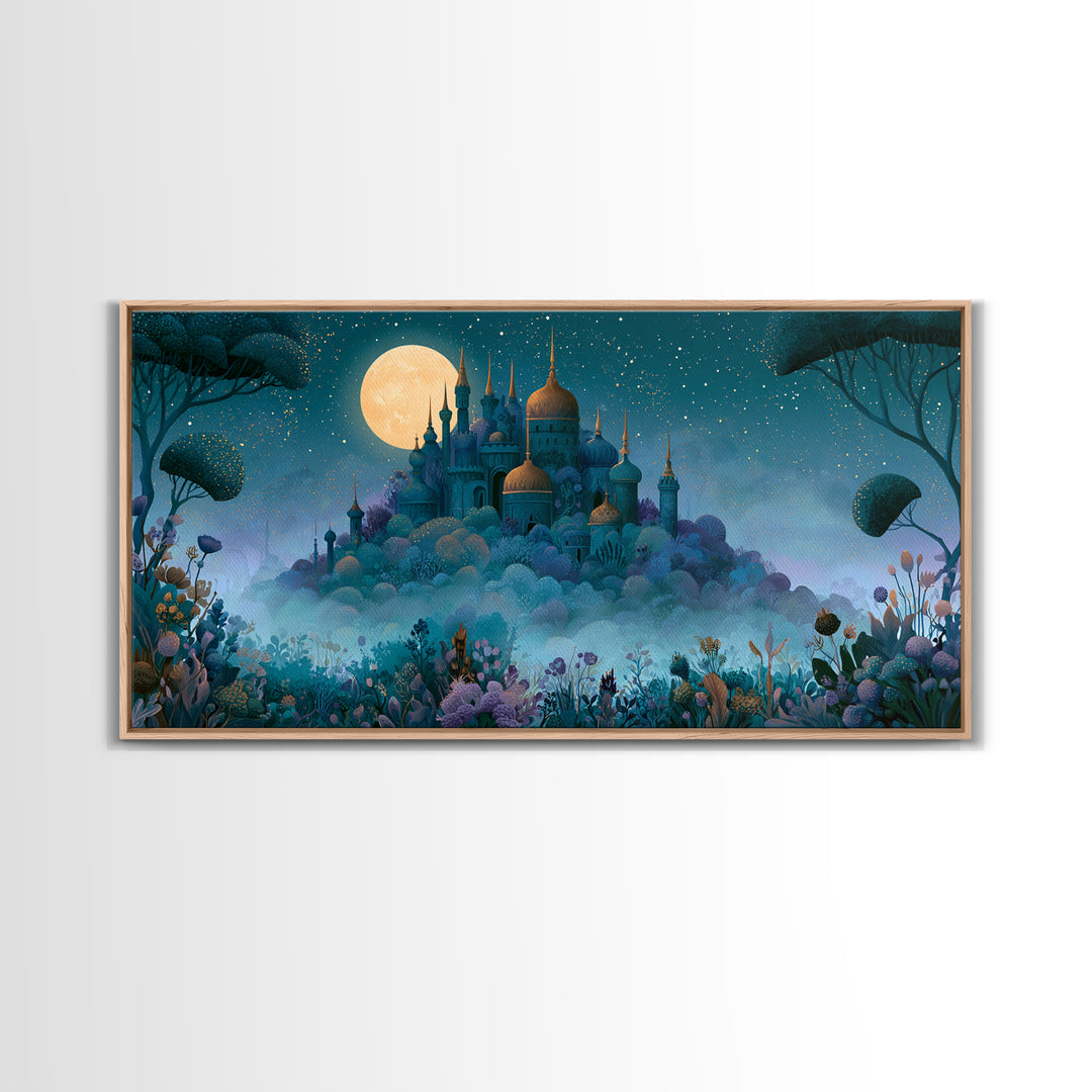 Storybook Castle on a Misty Hill Canvas Print, Fairy Tale Art, Textured Painting, Living Room Decor, Fine Art, Storybook, FTA-2x1-22