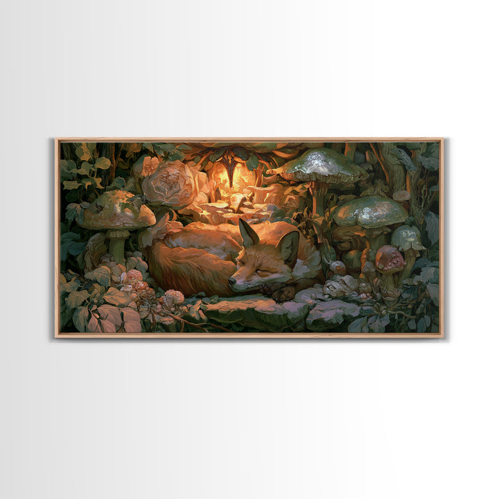 Sleeping Fox Beside a Magical Mushroom Ring Canvas Print, Fairy Tale Art, Nursery Wall Art, Living Room Decor, Storybook, FTA-2x1-23