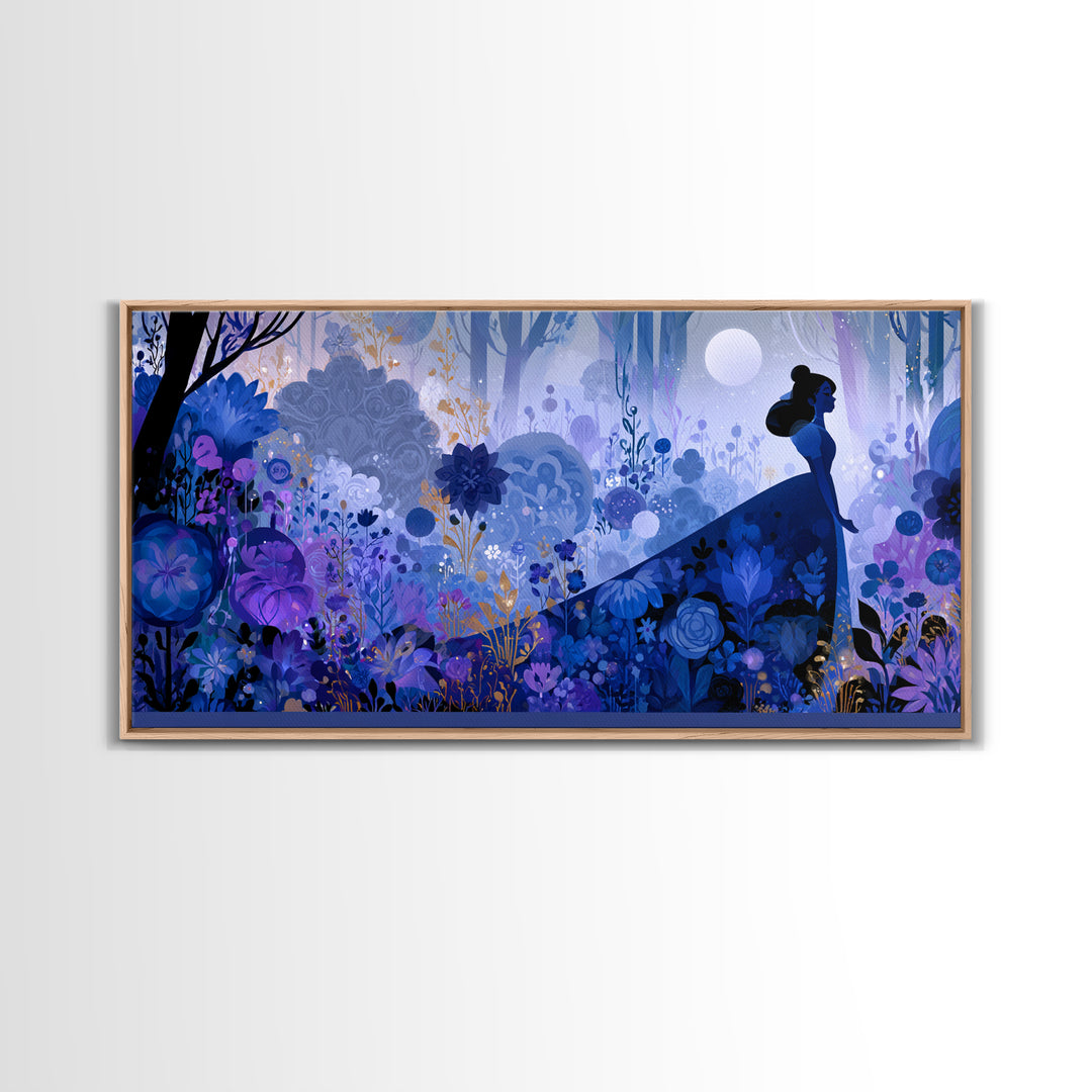 Princess Silhouette with Moonlit Garden Flowers Canvas Print, Fairy Tale Art, Minimalist Decor, Living Room Decor, Storybook, FTA-2x1-24
