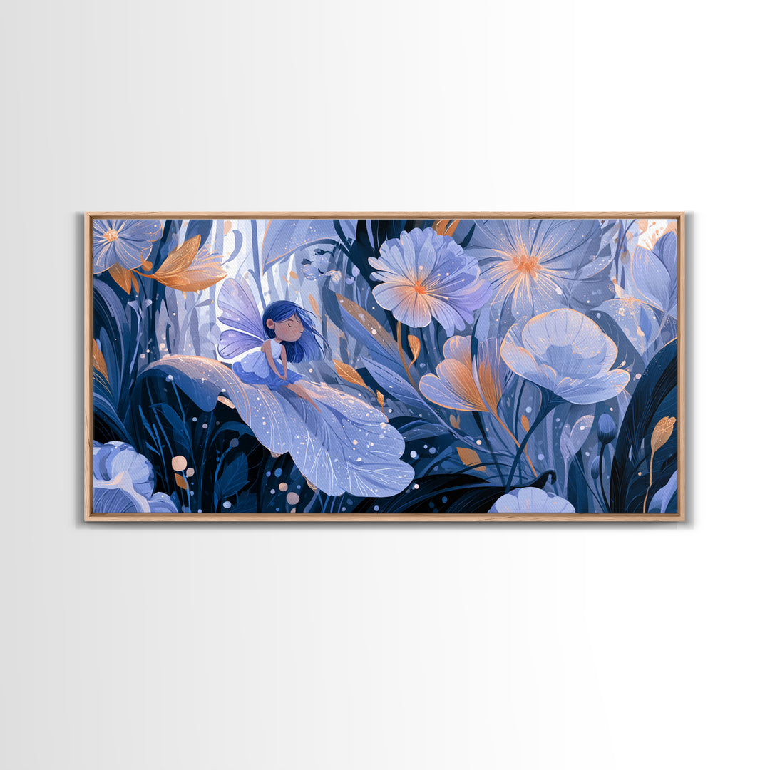 Tiny Fairy Resting on a Dew Covered Framed Canvas Print, Fairy Tale Art, Boho Decor, Living Room Decor, Fine Art, Storybook, FTA-2x1-27