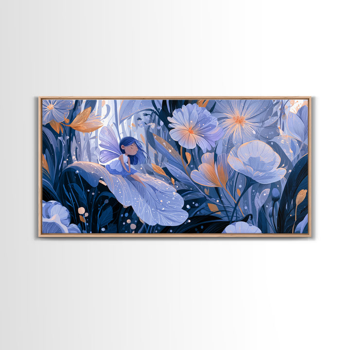 Tiny Fairy Resting on a Dew Covered Framed Canvas Print, Fairy Tale Art, Boho Decor, Living Room Decor, Fine Art, Storybook, FTA-2x1-27