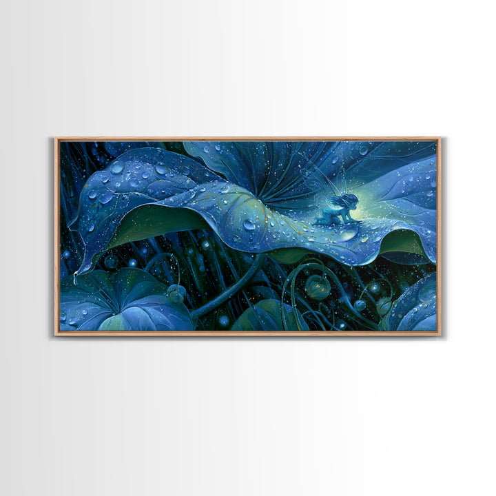 Tiny Fairy Resting on a Dew Covered Framed Canvas Print, Fairy Tale Art, Printable Art, Living Room Decor, Oil Painting, FTA-2x1-3