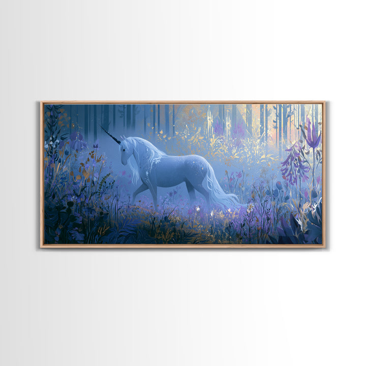 Unicorn in a Moonlit Meadow Framed Canvas Print, Fairy Tale Art, Minimalist Decor, Living Room Decor, Oil Painting, Storybook, FTA-2x1-30