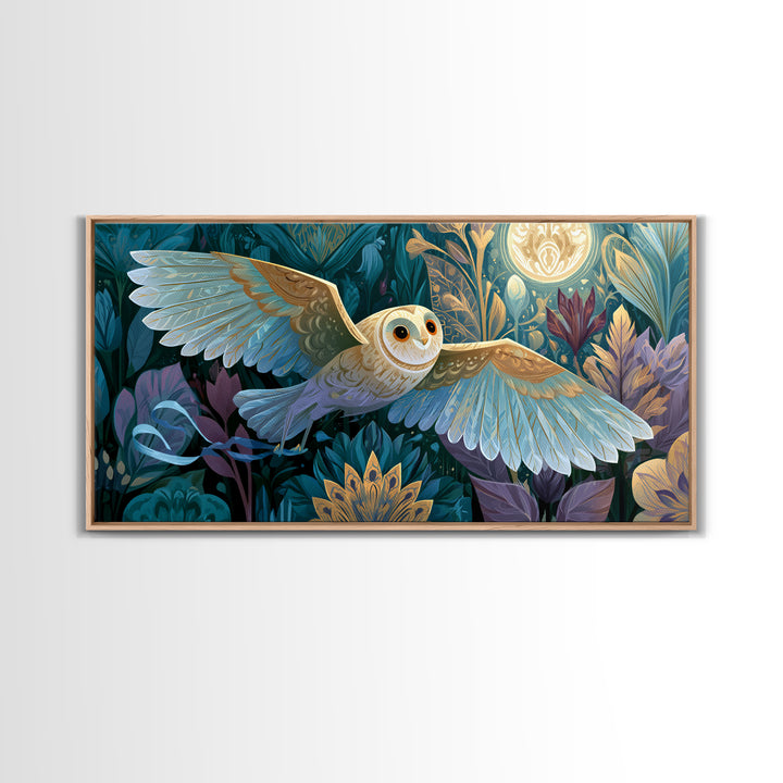 Owl Messenger Carrying a Tiny Ribbon Framed Canvas Print, Fairy Tale Art, Art Print, Living Room Decor, Fine Art, Storybook, FTA-2x1-37