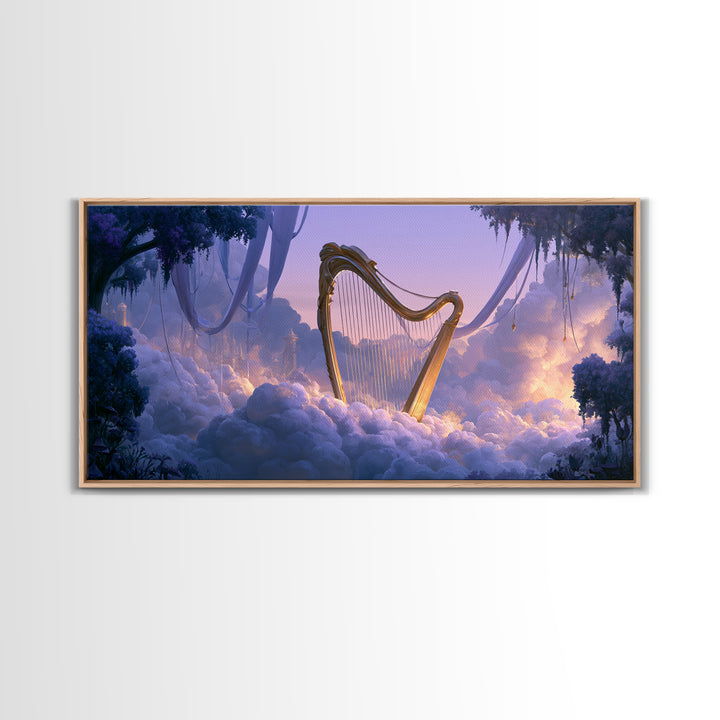 Golden Harp in a Cloud Kingdom Framed Canvas Print, Fairy Tale Art, Room Decor, Living Room Decor, Fine Art, Storybook, FTA-2x1-42