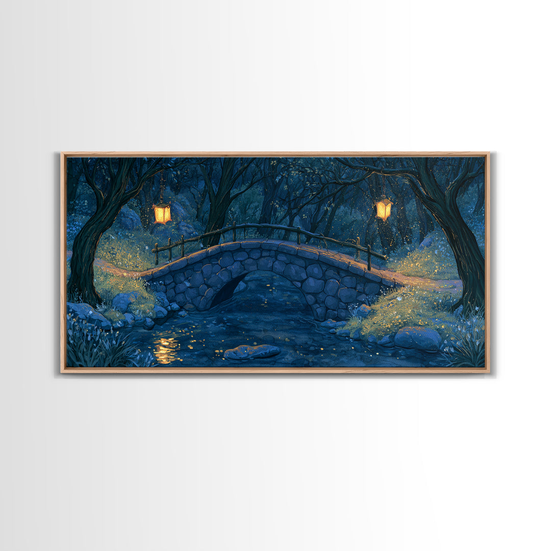 Lantern Lit Bridge Framed Canvas Print, Fairy Tale Art, Original Art, Living Room Decor, Fine Art, Storybook, Folk Art, FTA-2x1-43