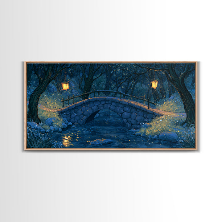 Lantern Lit Bridge Framed Canvas Print, Fairy Tale Art, Original Art, Living Room Decor, Fine Art, Storybook, Folk Art, FTA-2x1-43