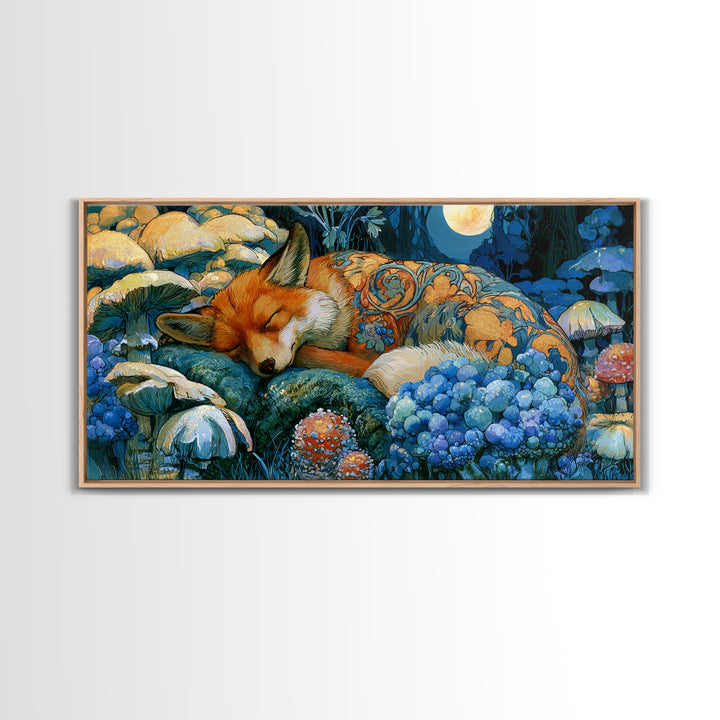 Sleeping Fox Beside a Magical Mushroom Ring Canvas Print, Fairy Tale Art, Boho Wall Art, Living Room Decor, Oil Painting, FTA-2x1-47