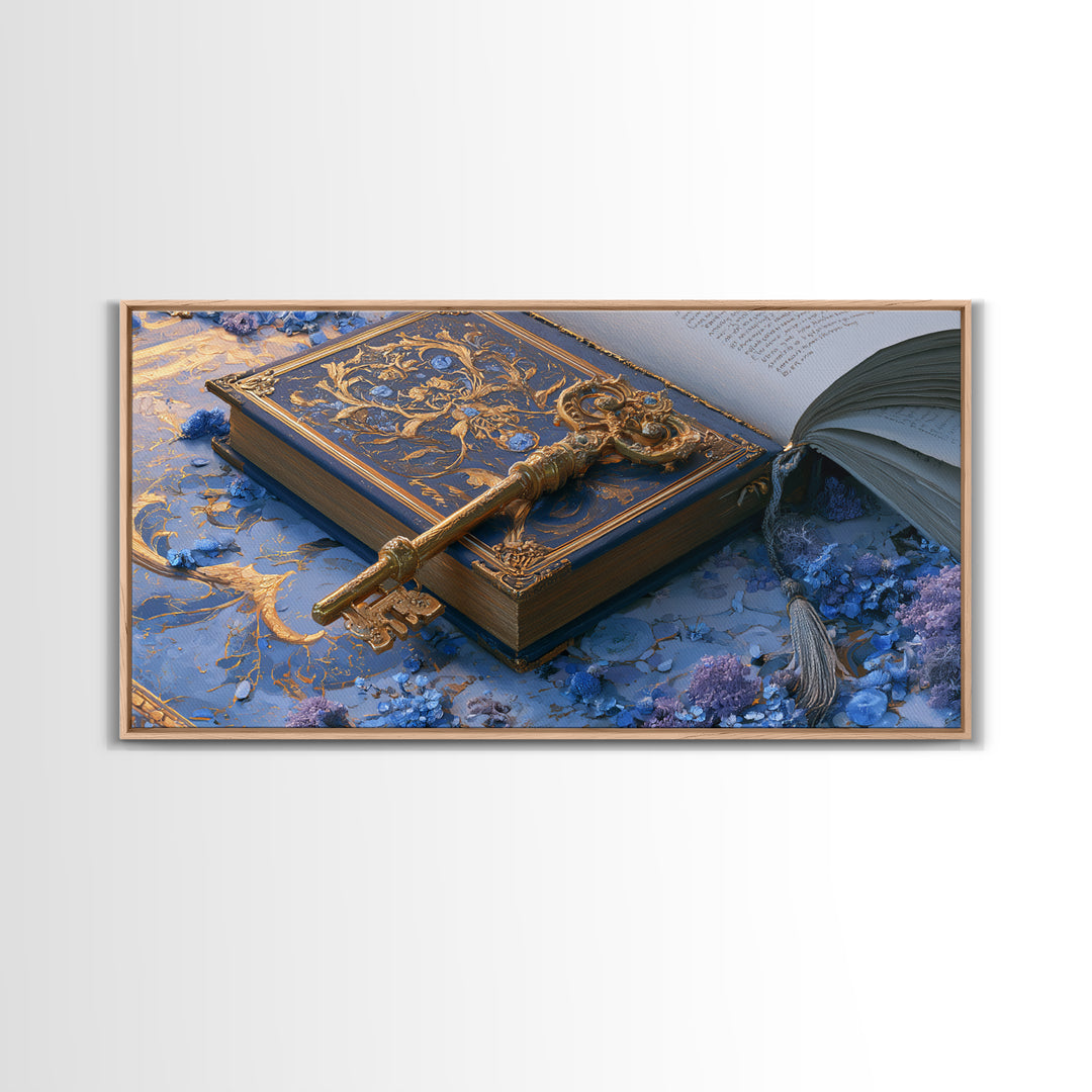 Golden Key and Enchanted Book Still Life Canvas Print, Fairy Tale Art, Nursery Wall Art, Living Room Decor, Storybook, FTA-2x1-5