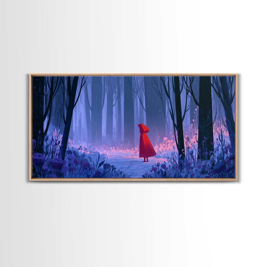 Red Cloak Figure Walking Through Dark Woods Canvas Print, Fairy Tale Art, Art Print, Living Room Decor, Oil Painting, Storybook, FTA-2x1-52