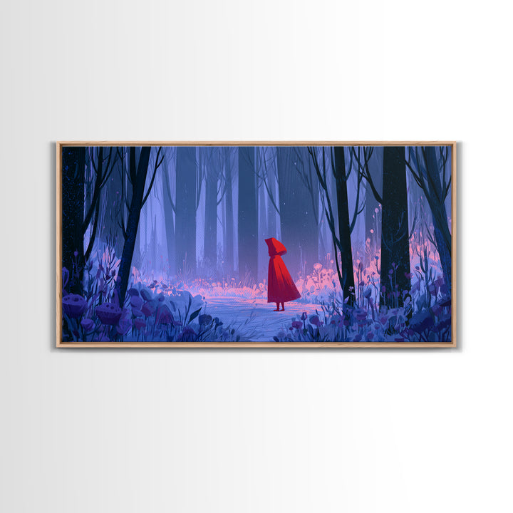 Red Cloak Figure Walking Through Dark Woods Canvas Print, Fairy Tale Art, Art Print, Living Room Decor, Oil Painting, Storybook, FTA-2x1-52