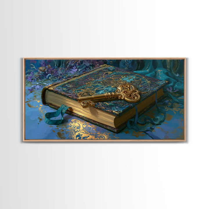 Golden Key and Enchanted Book Still Life Canvas Print, Fairy Tale Art, Boho Wall Art, Living Room Decor, Oil Painting, FTA-2x1-53