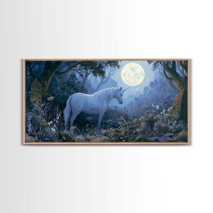 Unicorn in a Moonlit Meadow Framed Canvas Print, Fairy Tale Art, Minimalist Decor, Living Room Decor, Oil Painting, Storybook, FTA-2x1-6