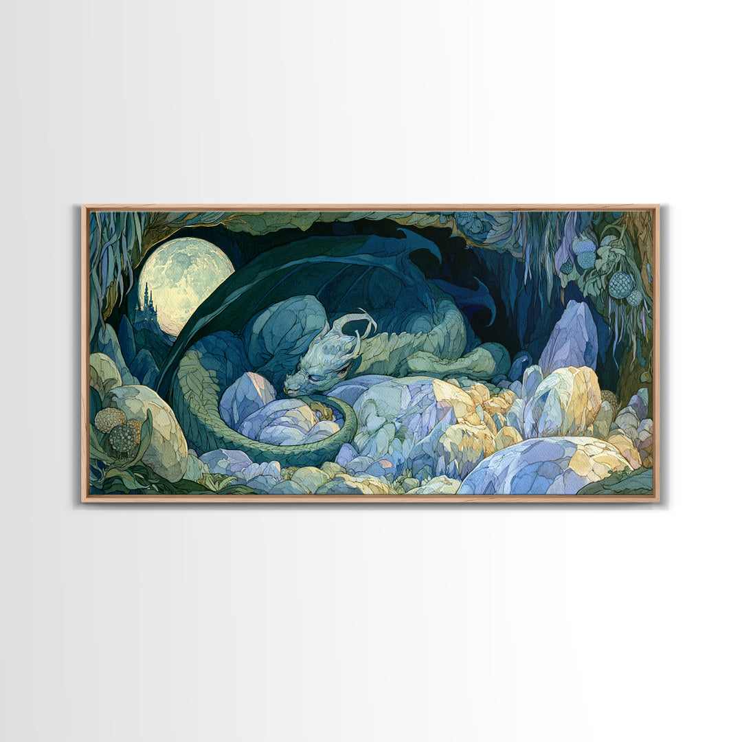 Sleeping Dragon in a Cave of Crystals Canvas Print, Fairy Tale Art, Nursery Wall Art, Living Room Decor, Watercolor Art, FTA-2x1-68