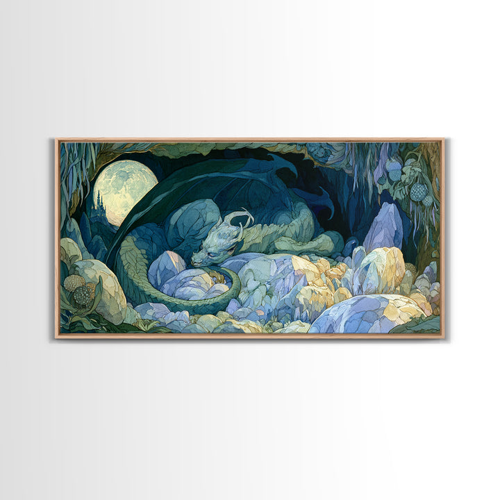 Sleeping Dragon in a Cave of Crystals Canvas Print, Fairy Tale Art, Nursery Wall Art, Living Room Decor, Watercolor Art, FTA-2x1-68