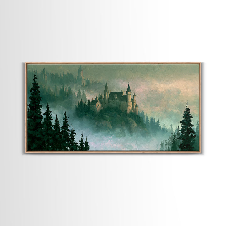 Storybook Castle on a Misty Hill Canvas Print, Fairy Tale Art, Original Art, Living Room Decor, Fine Art, Storybook, Folk Art, FTA-2x1-70