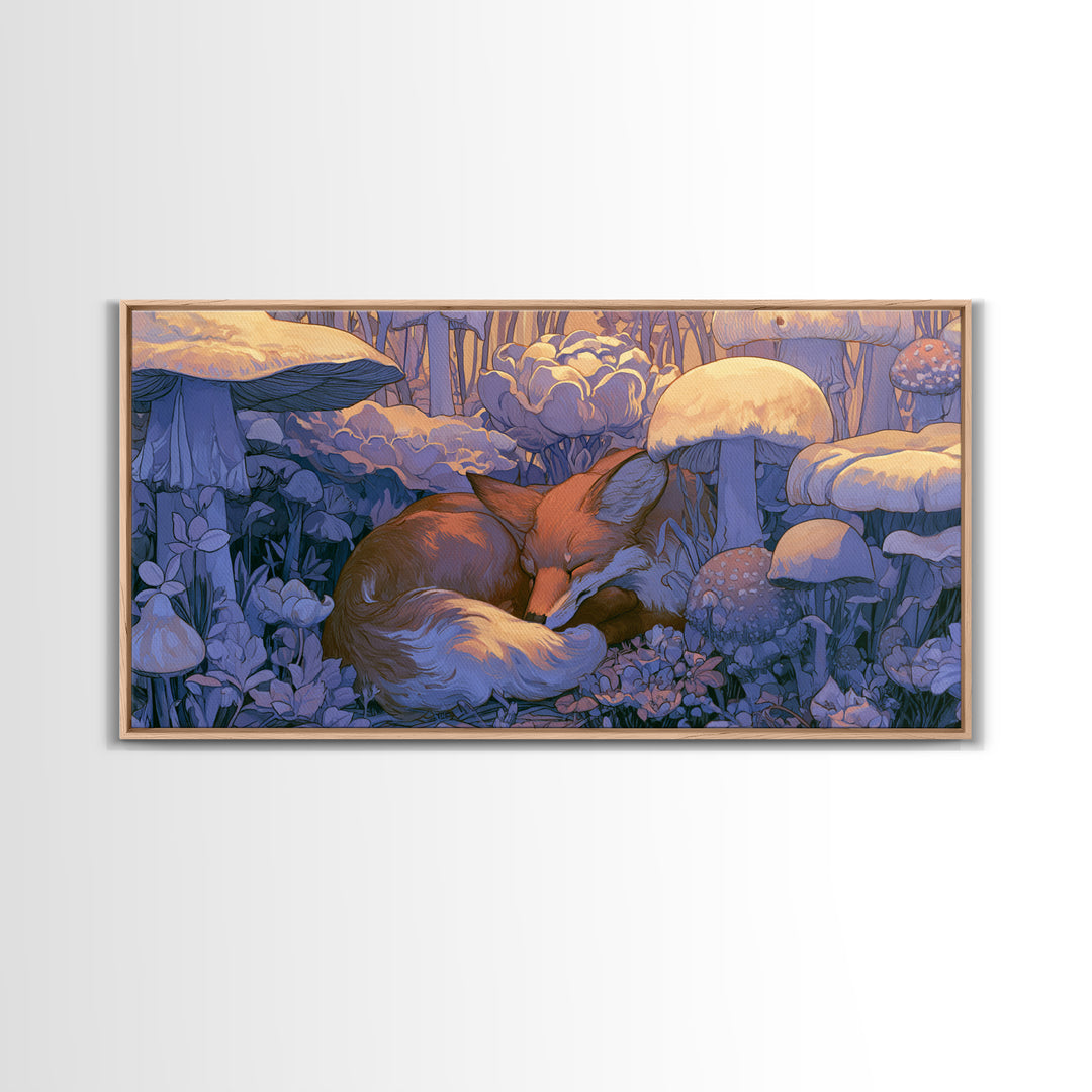 Sleeping Fox Beside a Magical Mushroom Ring Canvas Print, Fairy Tale Art, Kids Room Decor, Living Room Decor, Abstract Art, FTA-2x1-71