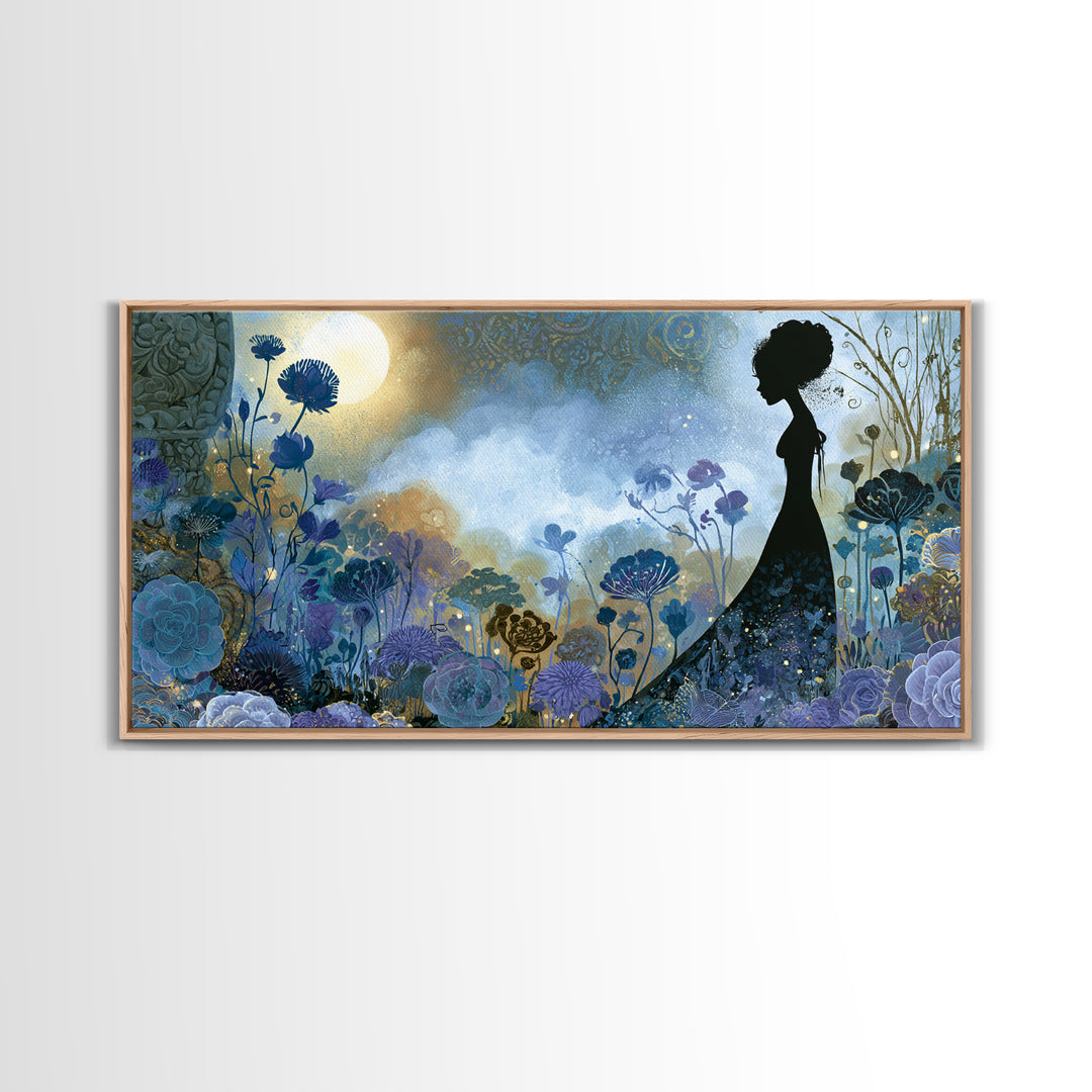 Princess Silhouette with Moonlit Garden Flowers Canvas Print, Fairy Tale Art, Art Nouveau, Living Room Decor, Storybook, FTA-2x1-72