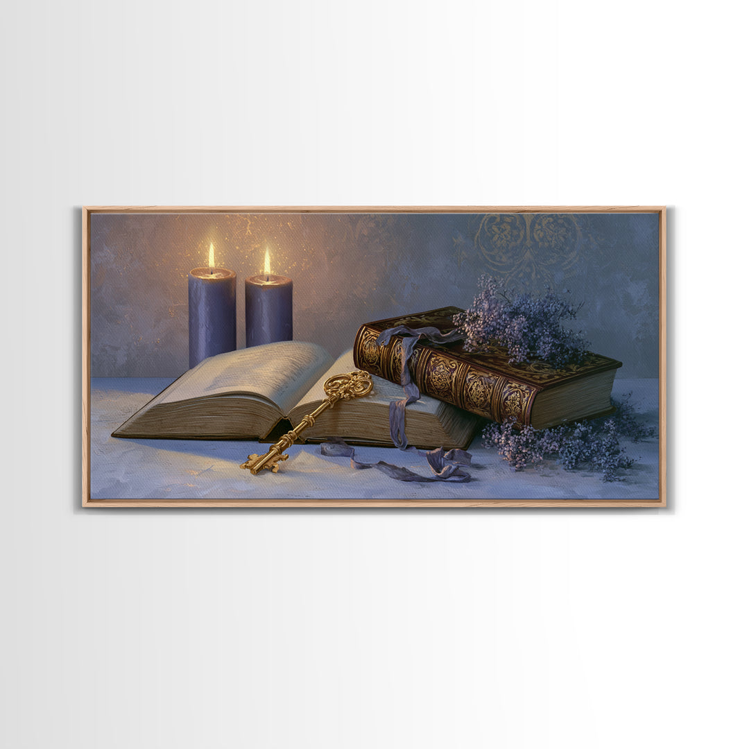 Golden Key and Enchanted Book Still Life Canvas Print, Fairy Tale Art, Boho Wall Art, Living Room Decor, Oil Painting, FTA-2x1-77