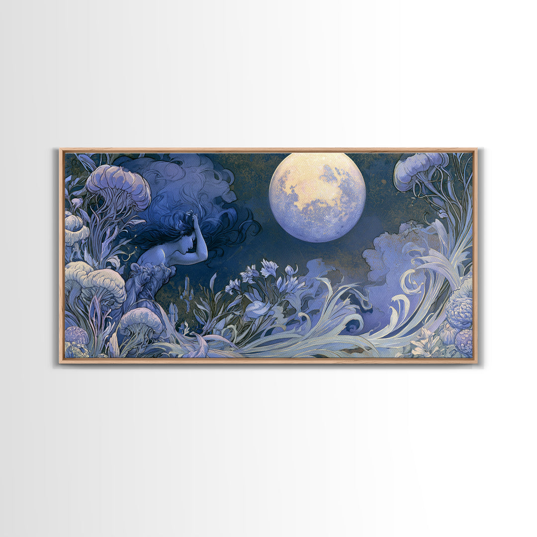 Mermaid Combing Hair Beneath a Pearl Moon Canvas Print, Fairy Tale Art, Luxury Decor, Living Room Decor, Storybook, FTA-2x1-8