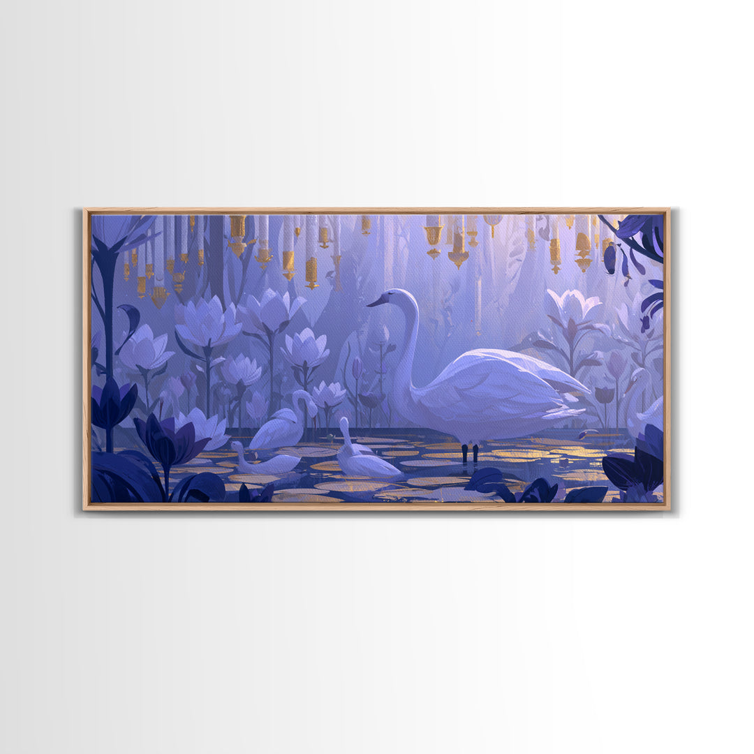 White Swan Transformation Scene Framed Canvas Print, Fairy Tale Art, Painting, Living Room Decor, Fine Art, Storybook, FTA-2x1-83