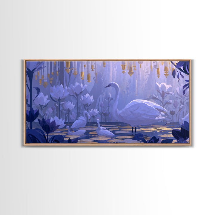 White Swan Transformation Scene Framed Canvas Print, Fairy Tale Art, Painting, Living Room Decor, Fine Art, Storybook, FTA-2x1-83