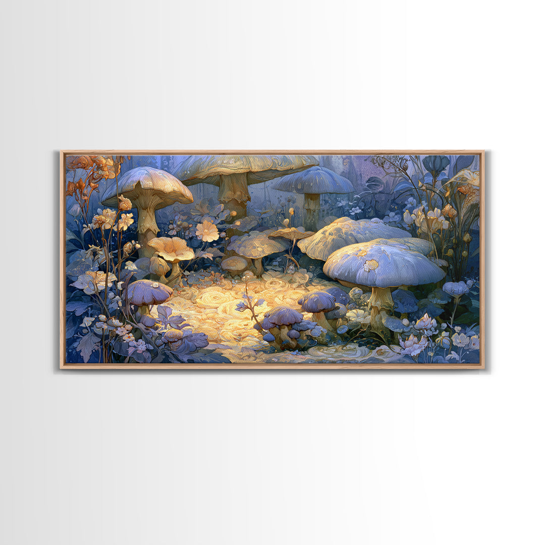 Fairy Ring of Mushrooms and Wildflowers Canvas Print, Fairy Tale Art, Nursery Art, Living Room Decor, Oil Painting, Storybook, FTA-2x1-89