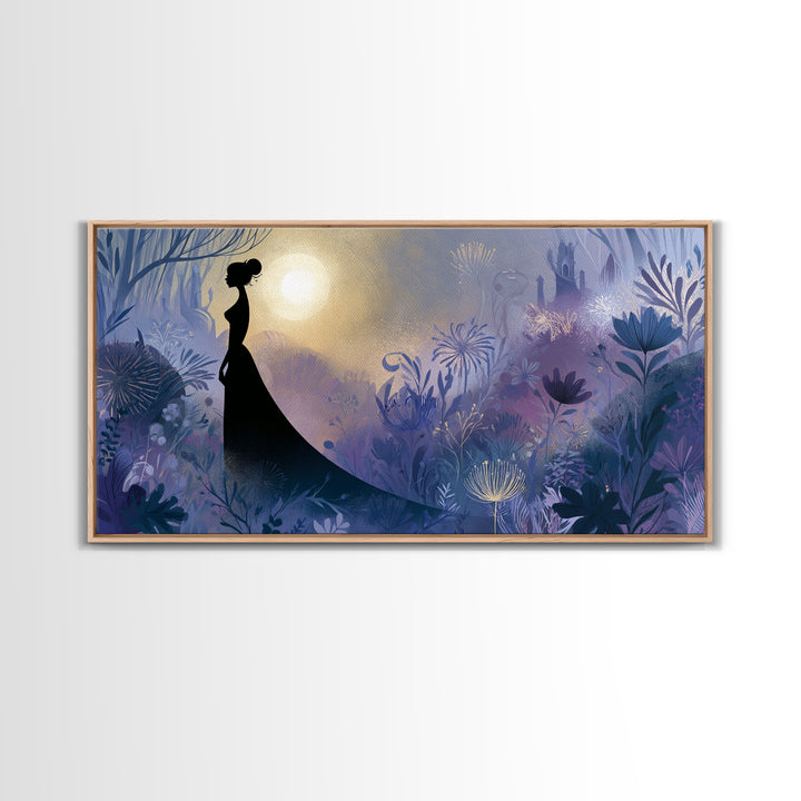 Princess Silhouette with Moonlit Garden Flowers Canvas Print, Fairy Tale Art, Princess Wall Art, Living Room Decor, Storybook, FTA-2x1-96