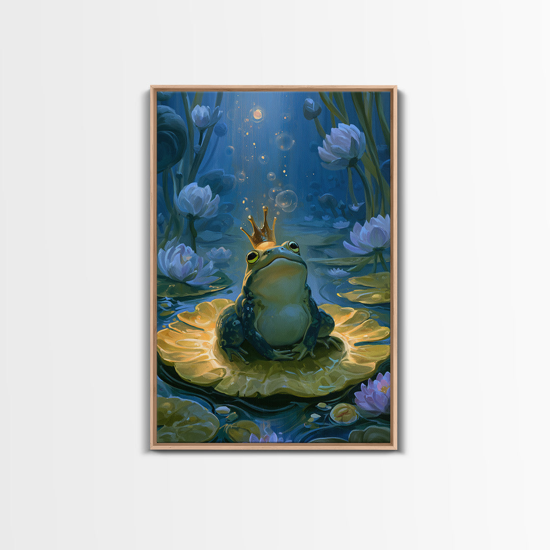 Frog Prince on a Lily Pad Framed Canvas Print, Fairy Tale Art, Contemporary Art, Living Room Decor, Fine Art, Storybook, FTA-2x3-19