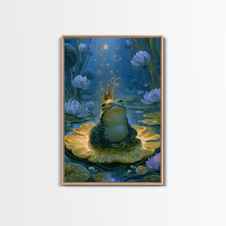 Frog Prince on a Lily Pad Framed Canvas Print, Fairy Tale Art, Contemporary Art, Living Room Decor, Fine Art, Storybook, FTA-2x3-19