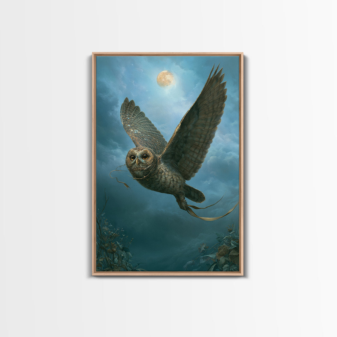 Owl Messenger Carrying a Tiny Ribbon Framed Canvas Print, Fairy Tale Art, Original Art, Living Room Decor, Fine Art, Storybook, FTA-2x3-25
