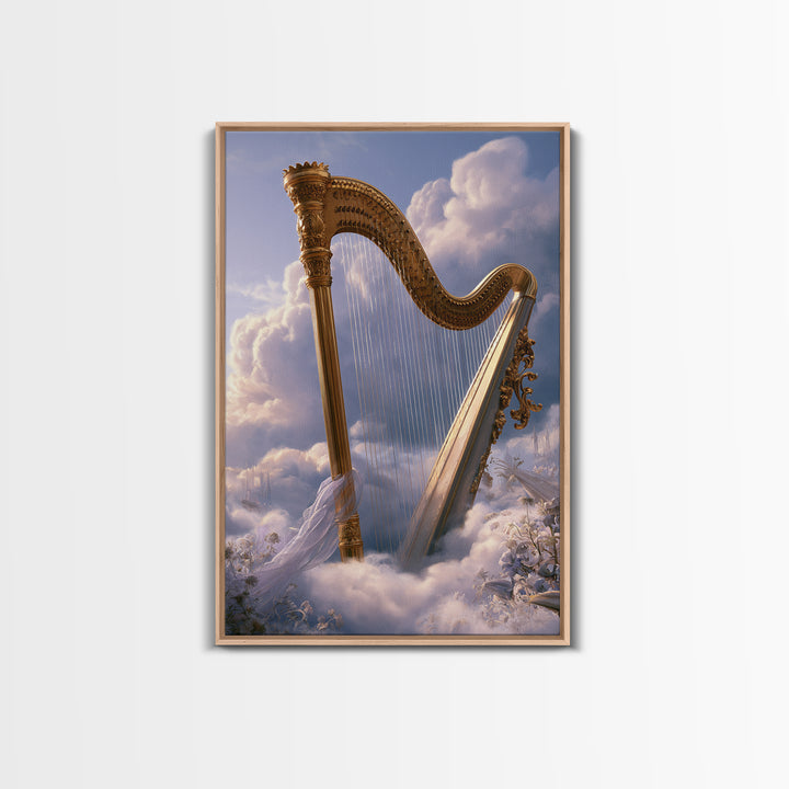 Golden Harp in a Cloud Kingdom Framed Canvas Print, Fairy Tale Art, Minimalist Decor, Living Room Decor, Fine Art, Storybook, FTA-2x3-30