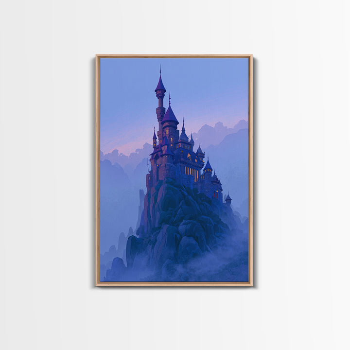 Storybook Castle on a Misty Hill Framed Canvas Print, Fairy Tale Art, Art Print, Living Room Decor, Fine Art, Storybook, FTA-2x3-34