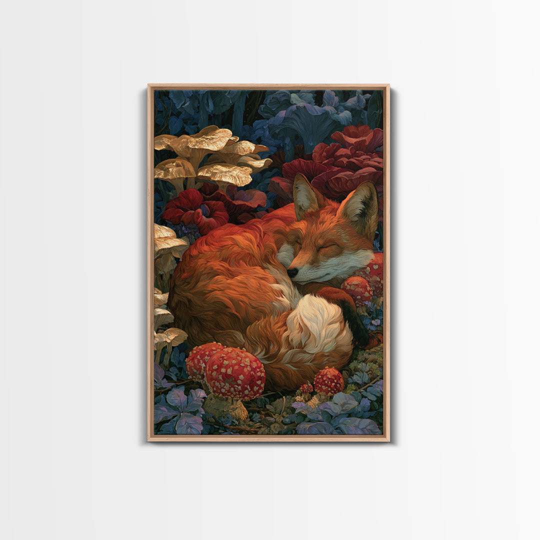 Sleeping Fox Beside a Magical Mushroom Ring Canvas Print, Fairy Tale Art, Nursery Wall Art, Living Room Decor, Watercolor Art, FTA-2x3-35