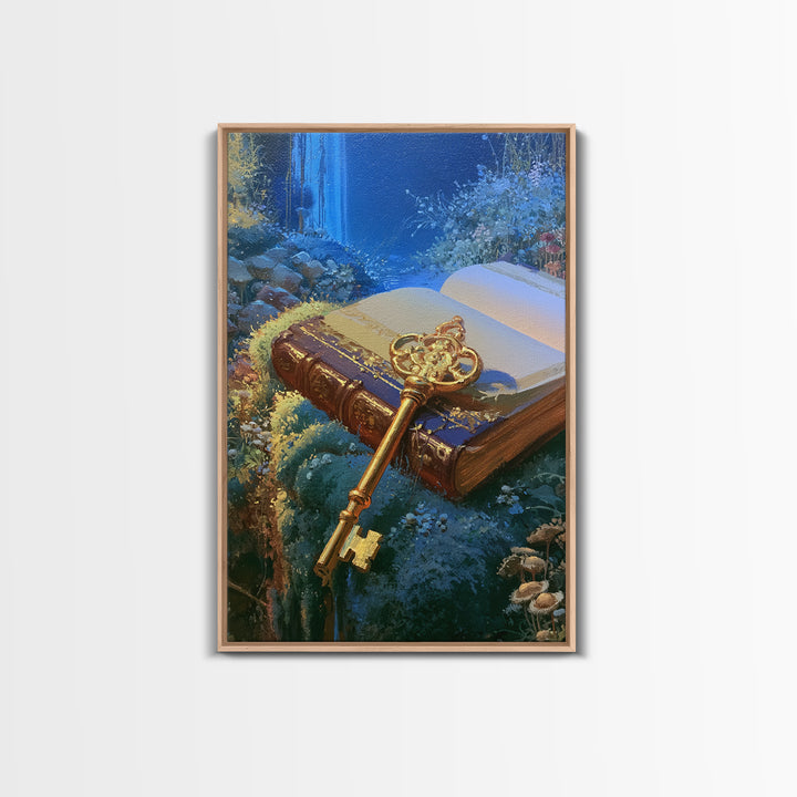 Golden Key and Enchanted Book Still Life Framed Canvas Print, Fairy Tale Art, Abstract Art, Living Room Decor, Storybook, FTA-2x3-41