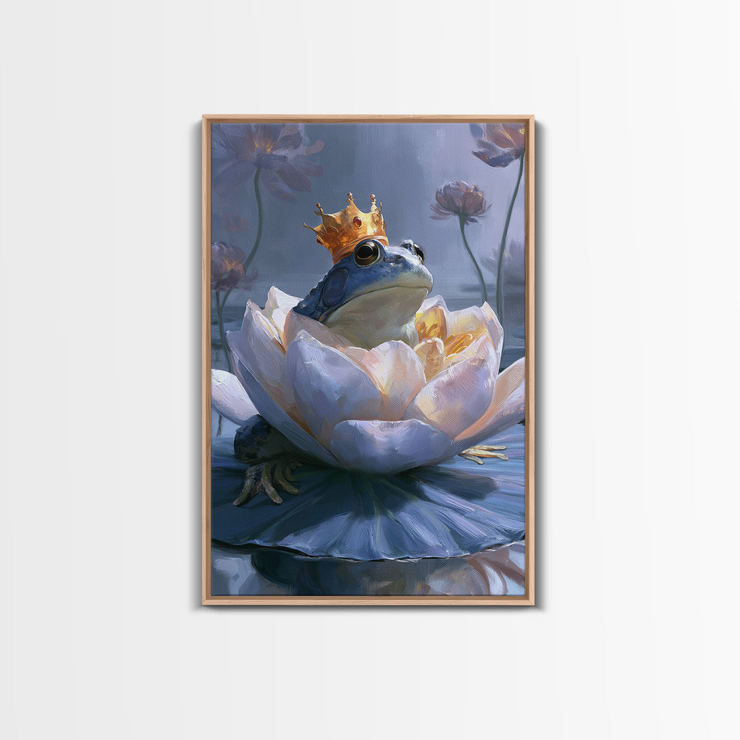 Frog Prince on a Lily Pad Framed Canvas Print, Fairy Tale Art, Canvas Wall Art, Living Room Decor, Fine Art, Storybook, FTA-2x3-43