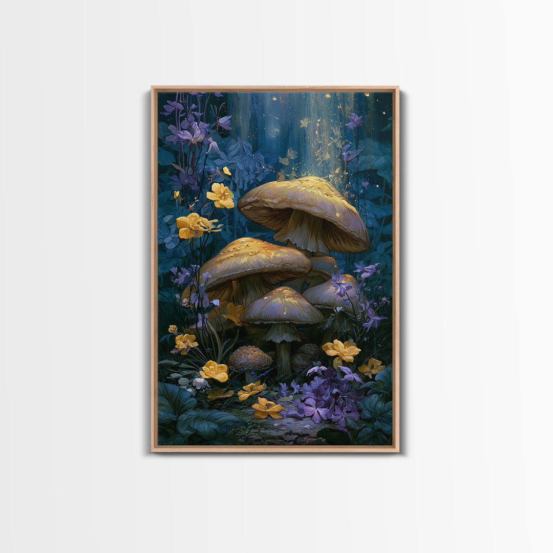 Fairy Ring of Mushrooms and Wildflowers Framed Canvas Print, Fairy Tale Art, Boho Wall Art, Living Room Decor, Watercolor Art, FTA-2x3-53