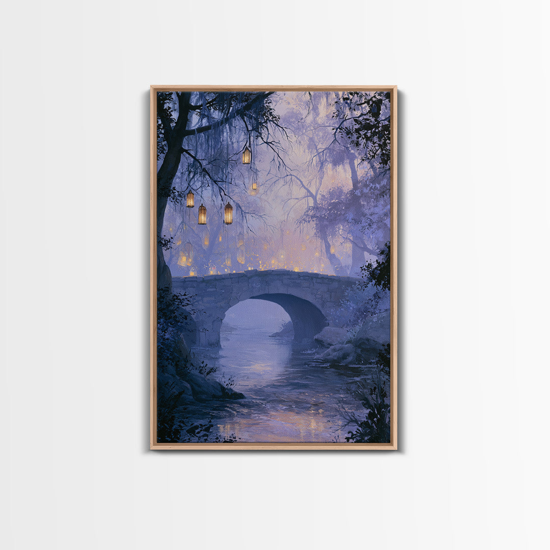 Lantern Lit Bridge Framed Canvas Print, Fairy Tale Art, Original Art, Living Room Decor, Fine Art, Storybook, Folk Art, FTA-2x3-55