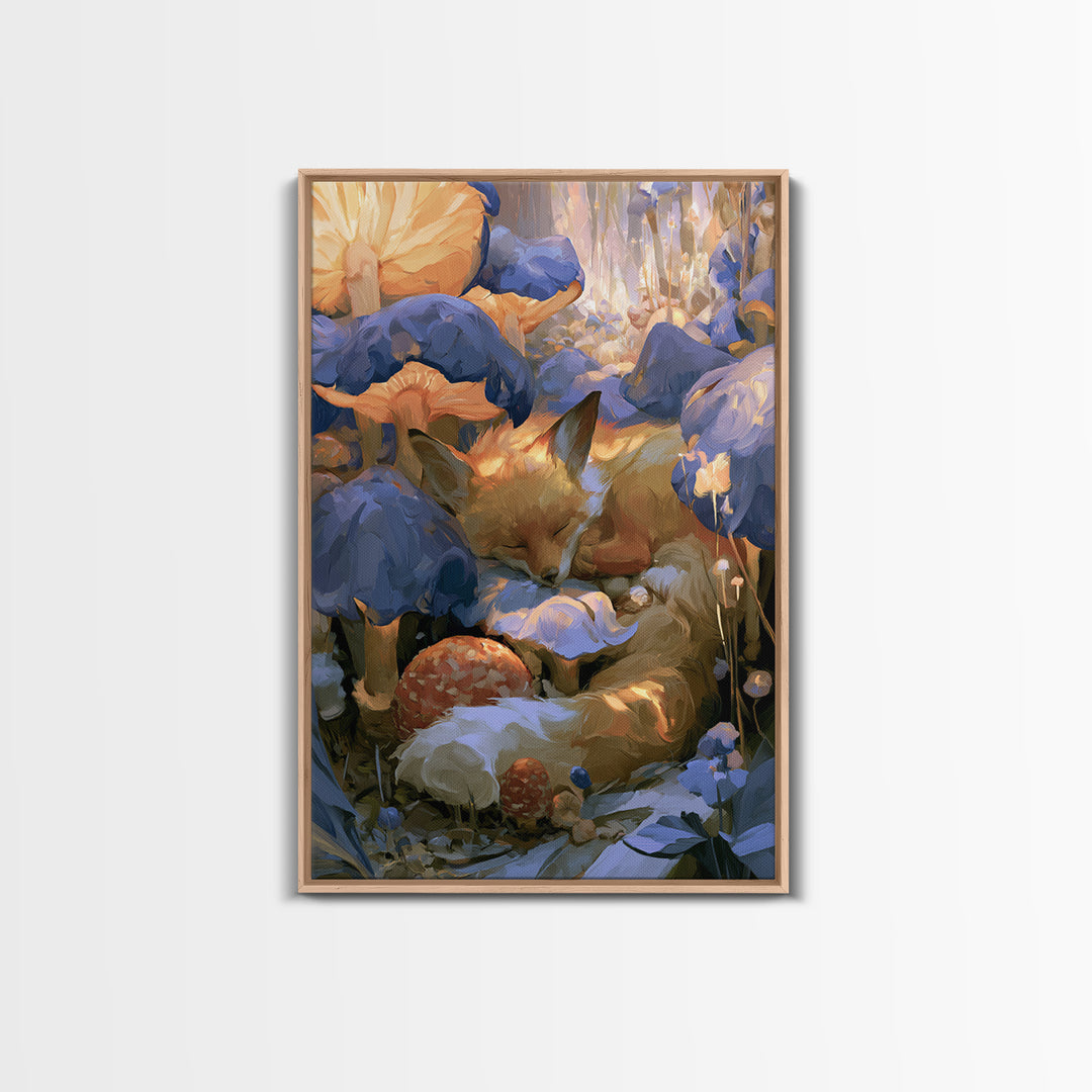Sleeping Fox Beside a Magical Mushroom Ring Canvas Print, Fairy Tale Art, Boho Wall Art, Living Room Decor, Storybook, FTA-2x3-59