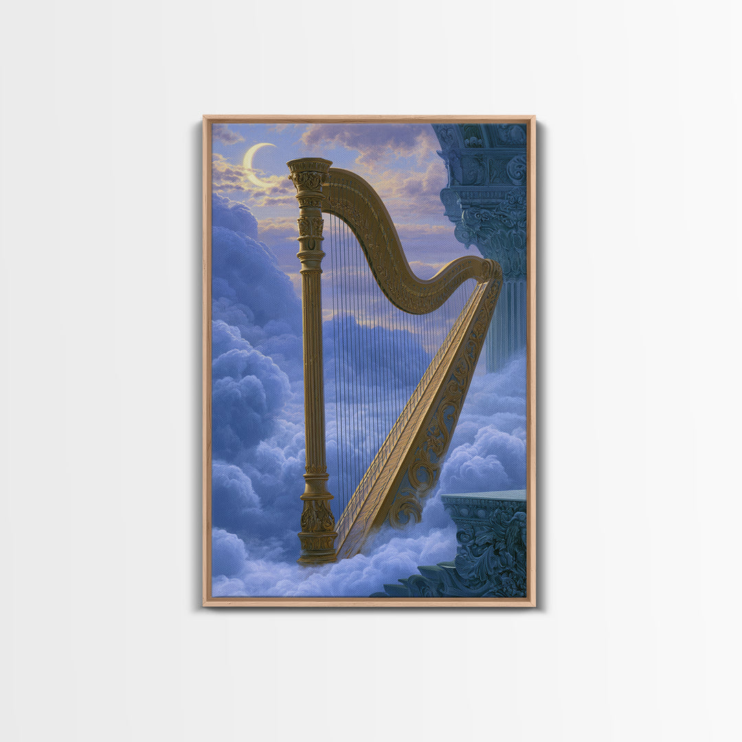Golden Harp in a Cloud Kingdom Framed Canvas Print, Fairy Tale Art, Minimalist Decor, Living Room Decor, Fine Art, Storybook, FTA-2x3-6