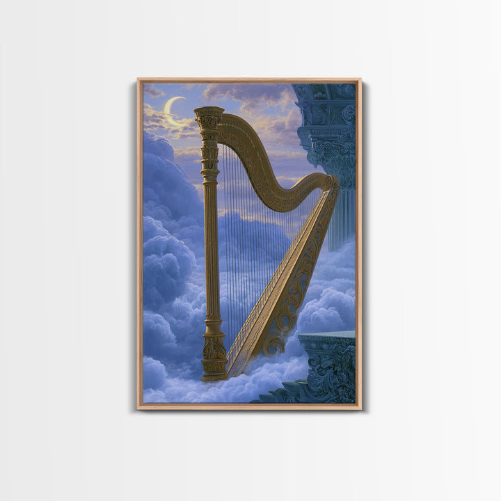 Golden Harp in a Cloud Kingdom Framed Canvas Print, Fairy Tale Art, Minimalist Decor, Living Room Decor, Fine Art, Storybook, FTA-2x3-6