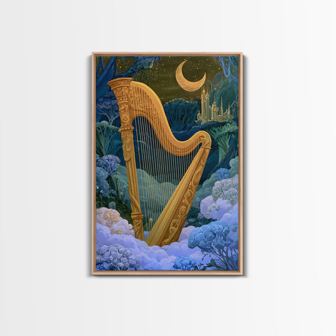 Golden Harp in a Cloud Kingdom Framed Canvas Print, Fairy Tale Art, Art Nouveau, Living Room Decor, Fine Art, Storybook, FTA-2x3-78