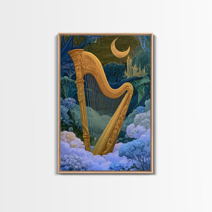 Golden Harp in a Cloud Kingdom Framed Canvas Print, Fairy Tale Art, Art Nouveau, Living Room Decor, Fine Art, Storybook, FTA-2x3-78